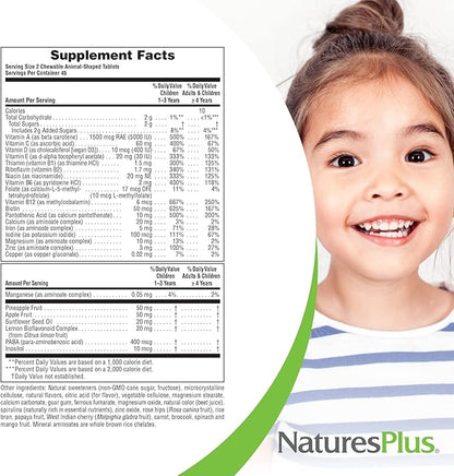 Natures Plus Animal Parade Multivitamin Children's Chewables - Cherry Flavor - 90 Animal-Shaped Tablets - Promotes Health & Well-Being - Vegetarian, Gluten Free - 45 Servings