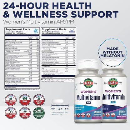 KAL Women's Multivitamin AM/PM, 2-in-1 Multivitamins for Women with Ashwagandha, Silica, Organic Spirulina, and GABA for Cellular Energy, Bone Strength, Immune Support, Vegan, 30 Servings, 120 Tablets