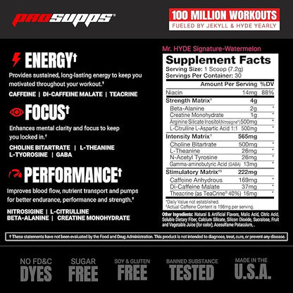 PROSUPPS Mr. Hyde Signature Series Pre-Workout Energy Drink – Intense Sustained Energy, Focus & Pumps with Beta Alanine, Creatine, Nitrosigine & TeaCrine (30 Servings Watermelon)