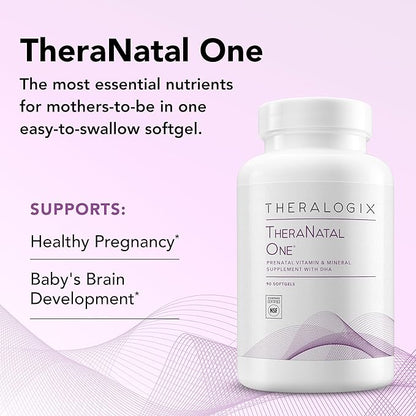 Theralogix TheraNatal One Prenatal Vitamin - 90-Day Supply - Prenatal Multivitamin with DHA, Vitamin D3, Methylated Folate, Iron & More to Support a Healthy Pregnancy* - NSF Certified - 90 Softgels
