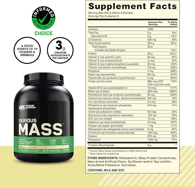 Optimum Nutrition Serious Mass, Weight Gainer Protein Powder, Mass Gainer, Vitamin C and Zinc for Immune Support, Creatine, Vanilla, 6 Pound (Packaging May Vary)