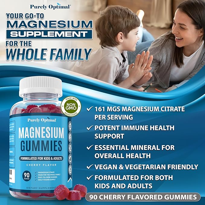 Purely Optimal Premium Magnesium Citrate Gummies for Adults & Kids - Supports Relaxation, Muscle & Nerve Function - Chewable, Non-GMO, Vegan, Gluten-Free - 90 Delicious Gummies