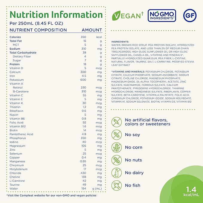 Compleat Standard 1.4 Plant-Based Vanilla Nutrition Shake - 18g Protein, 29 Vitamins & Minerals - Vegan Tube Feeding Formula - 8.45 Fl Oz (Pack of 12)