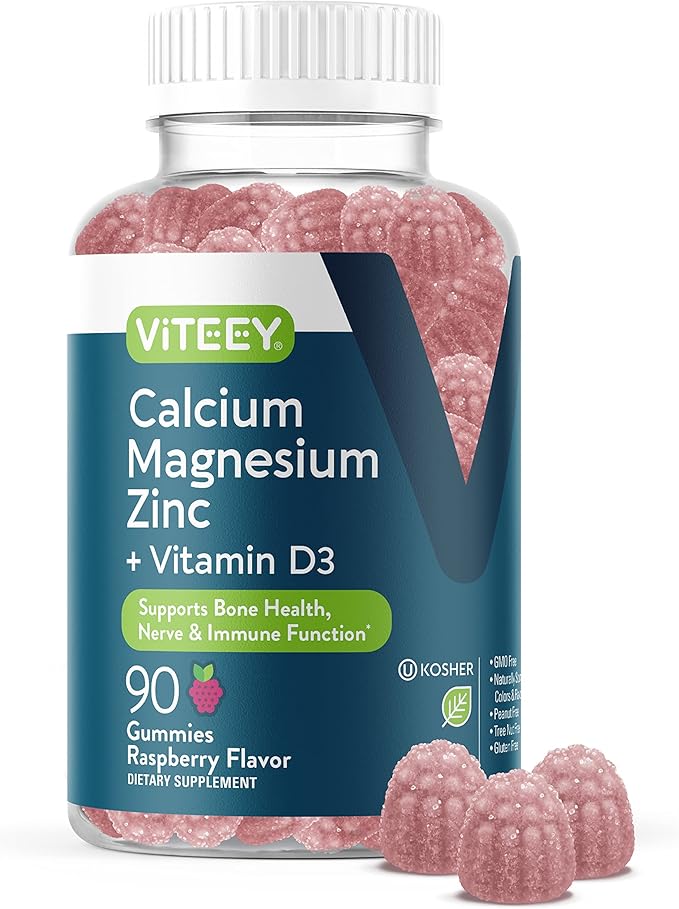 Calcium Magnesium Zinc Gummies with Vitamin D3 - Supports Bone Health, Nerve & Immune Function - Calcium Magnesium Zinc D3 Supplement for Adults & Teens - GMO Free - Chewable Raspberry Flavored Gummy