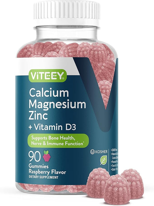 Calcium Magnesium Zinc Gummies with Vitamin D3 - Supports Bone Health, Nerve & Immune Function - Calcium Magnesium Zinc D3 Supplement for Adults & Teens - GMO Free - Chewable Raspberry Flavored Gummy