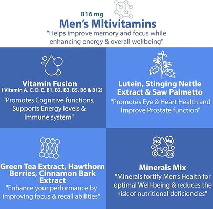Multivitamin for Men - Daily Mens Multivitamins & Multiminerals Supplement for Vitality, Focus, & Performance, Mens Multi Vitamins A, C, D, E & B12, Zinc, Calcium, Magnesium & More Pack of 1