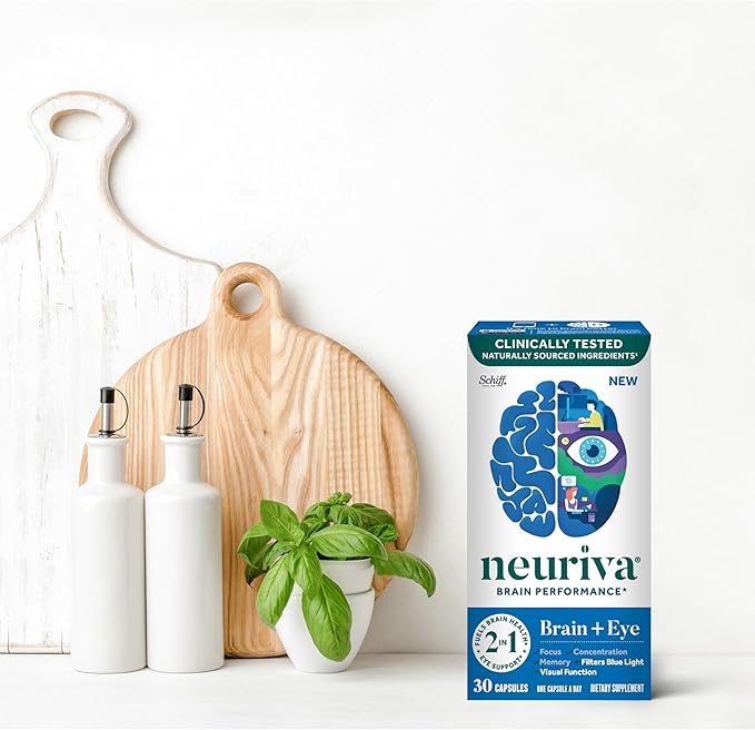 NEURIVA Brain + Eye Supplement for Memory, Focus & Concentration with Lutein & Vitamins A C E and Zinc for Eye Health & Zeaxanthin to Filter Blue Light, 30ct Capsules