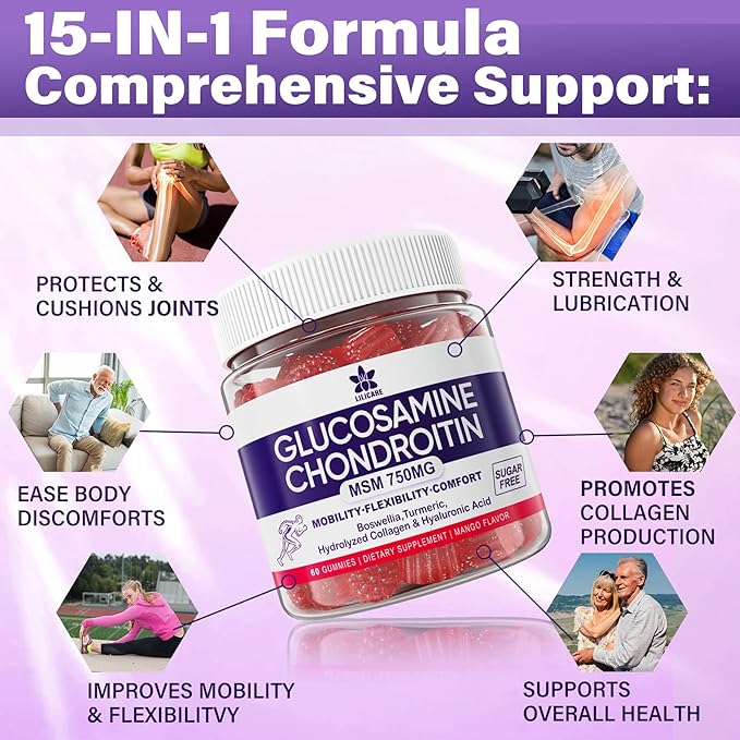 Glucosamine Chondroitin Gummies with MSM, Boswellia Turmeric & Hyaluronic Acid, Extra Strength Joint Support Supplement for Joint Mobility, Comfort, Flexibility, Cartilage and Bone Health, 120 Cts