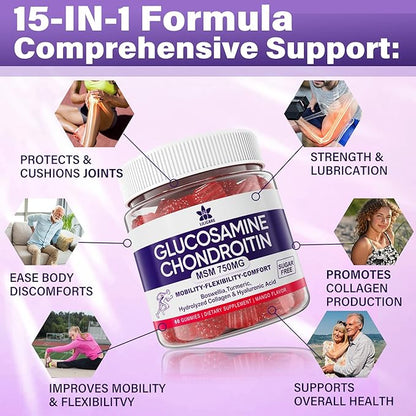 Glucosamine Chondroitin Gummies with MSM, Boswellia Turmeric & Hyaluronic Acid, Extra Strength Joint Support Supplement for Joint Mobility, Comfort, Flexibility, Cartilage and Bone Health, 120 Cts