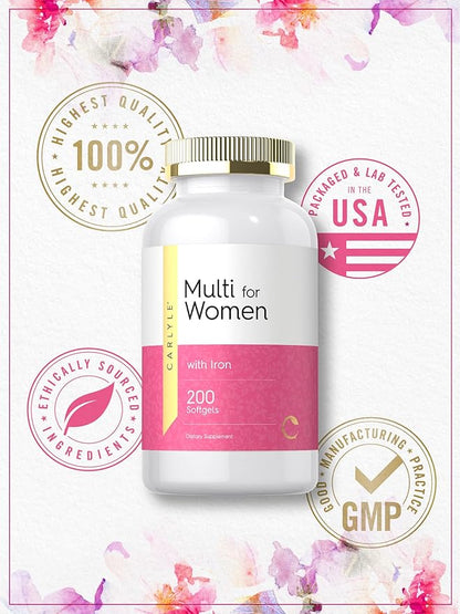 Carlyle Multivitamin for Women | 200 Softgels | with Iron | Nutritional Support Supplement | Non-GMO & Gluten Free