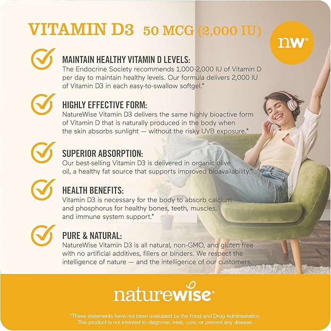 NatureWise Vitamin D3 2000iu (50 mcg) Healthy Muscle Function, and Immune Support, Non-GMO, Gluten Free in Cold-Pressed Olive Oil, ( Mini Softgel), 30 Count, (Package May Vary)