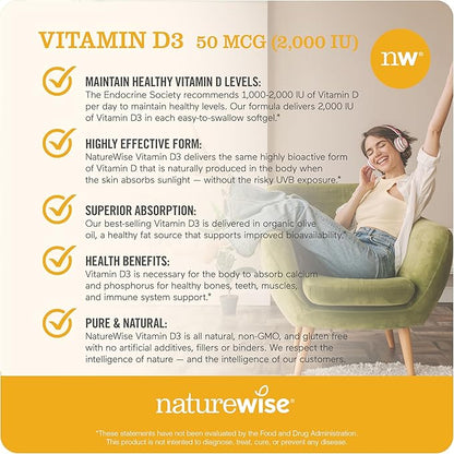 NatureWise Vitamin D3 2000iu (50 mcg) Healthy Muscle Function, and Immune Support, Non-GMO, Gluten Free in Cold-Pressed Olive Oil, ( Mini Softgel), 30 Count, (Package May Vary)