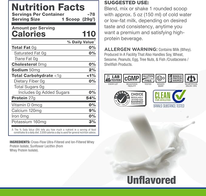 ALLMAX ISONATURAL Whey Protein Isolate, Unflavored - 5 lb - 27 Grams of Protein Per Scoop - Zero Fat & Sugar - 99% Lactose Free - with Prebiotics - No Artificial Flavors - Approx. 78 Servings