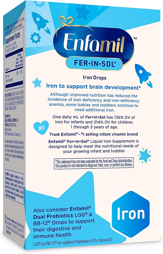 Enfamil Fer-In-Sol Iron Supplement Drops for Infants & Toddlers, Supports Brain Development, 50 mL Dropper Bottle, Pack of 3