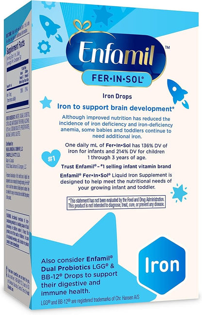 Enfamil Fer-In-Sol Iron Supplement Drops for Infants & Toddlers, Supports Brain Development, 50 mL Dropper Bottle, Pack of 3