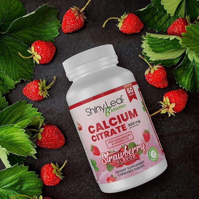 Shiny Leaf Bariatric Calcium Citrate 600mg - Supplement for Bariatric Surgery Patients, 180 Ct Chewable Tablets with Magnesium, Vitamin D3, Natural Strawberry Flavor, Vegetarian (3 Months)