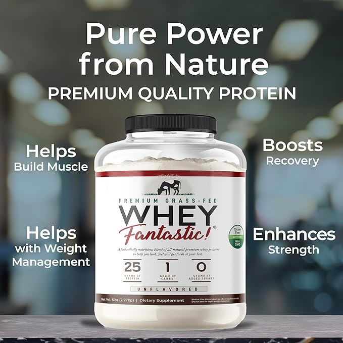 Whey Fantastic Unflavored - 100% Natural Grass Fed Whey Protein Powder - Unique 3-Whey Blend of Whey Isolate, Concentrate & Hydrolysate Provides 25g of Protein per Serving - 5lb - 75 Servings