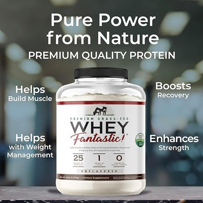 Whey Fantastic Unflavored - 100% Natural Grass Fed Whey Protein Powder - Unique 3-Whey Blend of Whey Isolate, Concentrate & Hydrolysate Provides 25g of Protein per Serving - 5lb - 75 Servings
