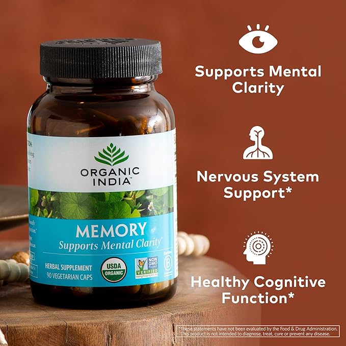 ORGANIC INDIA Memory Herbal Supplement - Brain Supplement for Memory and Focus, Bacopa Monnieri & Gotu Kola Brain Herbal Supplement, Memory Support - USDA Certified Organic, Non-GMO - 90 Capsules