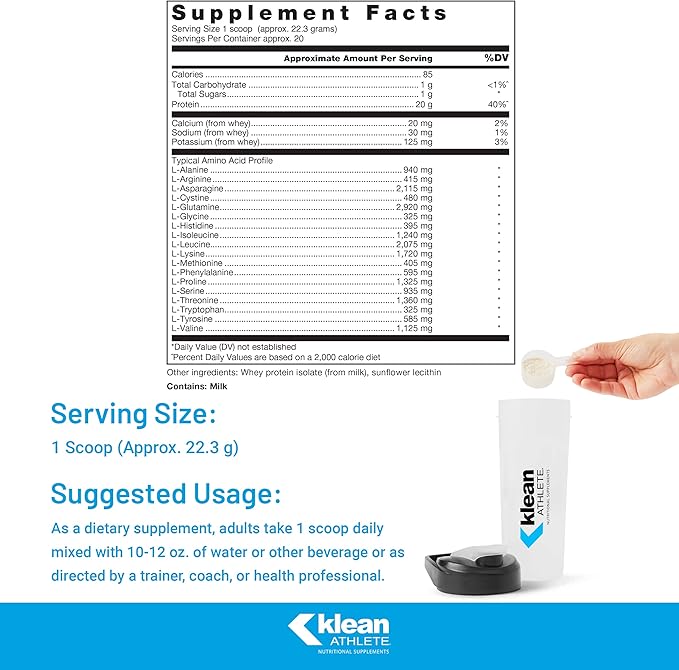 Klean ATHLETE Klean Isolate - Whey Protein Isolate - Daily Protein & Amino Acid - Intake for Muscle Integrity* - NSF Certified for Sport - 20 Servings - Unflavored