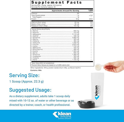 Klean ATHLETE Klean Isolate - Whey Protein Isolate - Daily Protein & Amino Acid - Intake for Muscle Integrity* - NSF Certified for Sport - 20 Servings - Unflavored