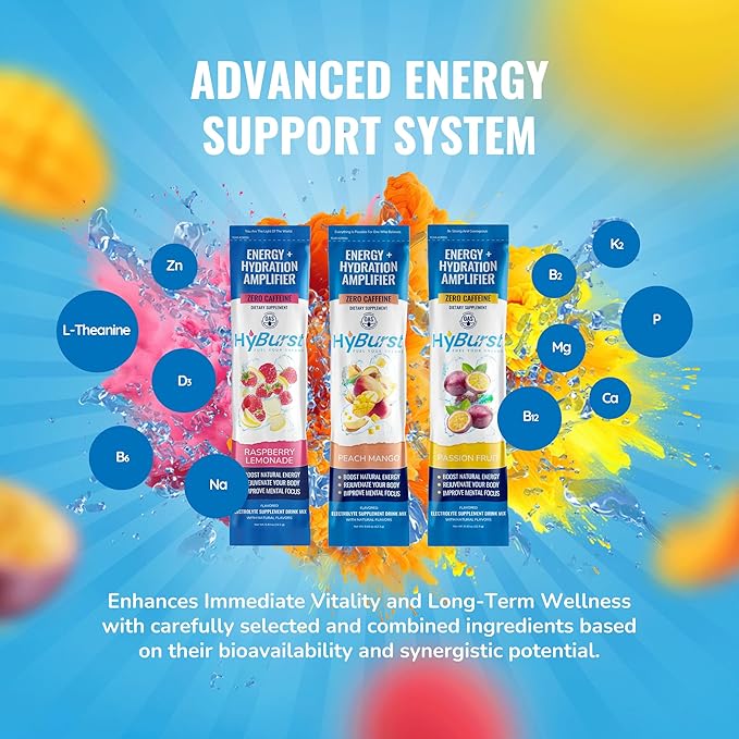 Energy + Hydration Amplifier - Multivitamin Electrolyte Powder Packets with Vitamins D3 K2 & B6 B12 | L-Theanine, Cane Sugar, Caffeine Free Energy Drink Powder | Variety Pack, 15 Pack
