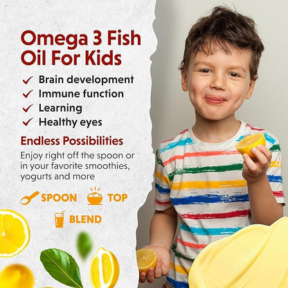 Barlean's Omega Pals Chirpin' Slurpin' Omega 3 for Kids, Yummy Lemonade Flavored Children's Liquid Fish Oil Supplement with 540 mg of EPA & DHA for Brain & Eye Health, 8 oz
