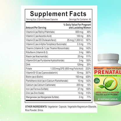 Prenatal Vitamins for Women, Halal Prenatal Vitamins for Women, Prenatal Vitamins with DHA and Folic Acid, Vegan Prenatal, Gelatin Free Prenatal Vitamins, Womens prenatal multivitamin
