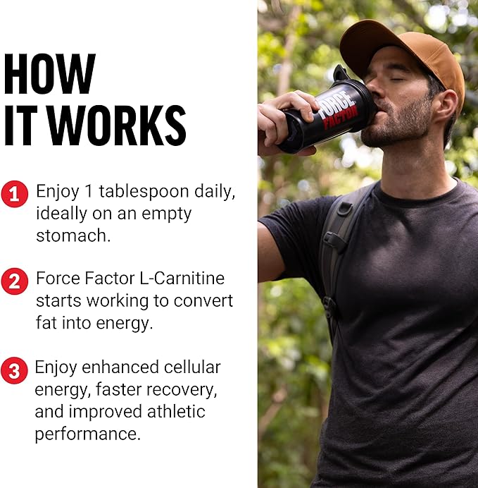Force Factor L Carnitine Supplement, Liquid L-Carnitine 3000 mg to Help Turn Fat Into Energy, Support Muscle Recovery, and Boost Cellular Energy, Maximum Strength, Non-GMO, Orange Flavor, 16 Oz.
