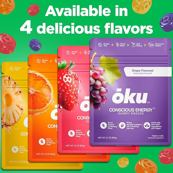 ōku Conscious Energy Gummy Snacks – Natural Caffeine from Green Tea & Yerba Mate, Vegan, Clean Ingredients, Gluten-Free, Focused Energy, Antioxidants & Fiber, Grape Pack of 12