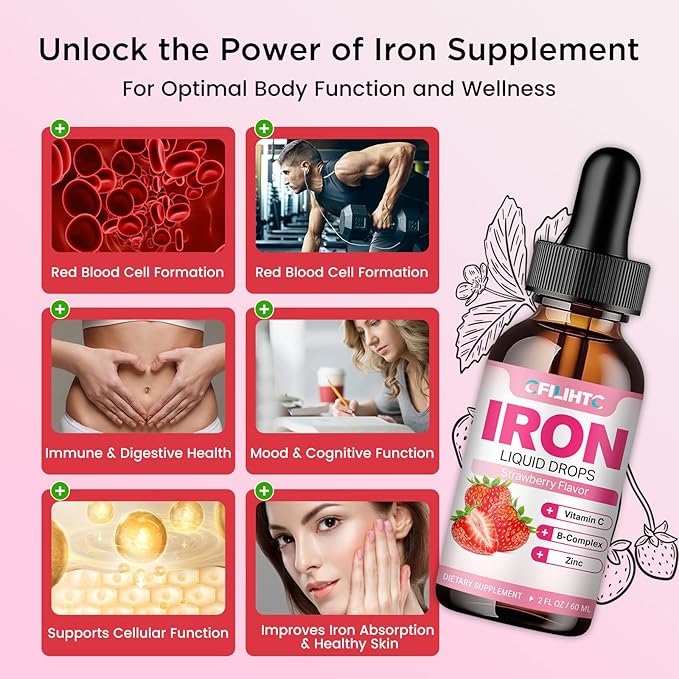 Liquid Iron Supplement for Women Men & Kids Multivitamin Iron Drops with Folate, Vitamin C, B6, B12, Zinc for Anemia, Iron Deficiency, Blood Builder, Energy - Natural Strawberry Flavor, Vegan 4 Fl Oz