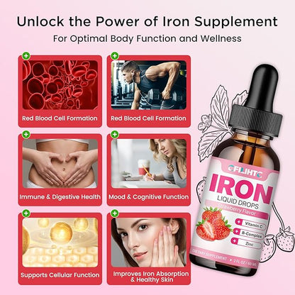 Liquid Iron Supplement for Women Men & Kids Multivitamin Iron Drops with Folate, Vitamin C, B6, B12, Zinc for Anemia, Iron Deficiency, Blood Builder, Energy - Natural Strawberry Flavor, Vegan 4 Fl Oz
