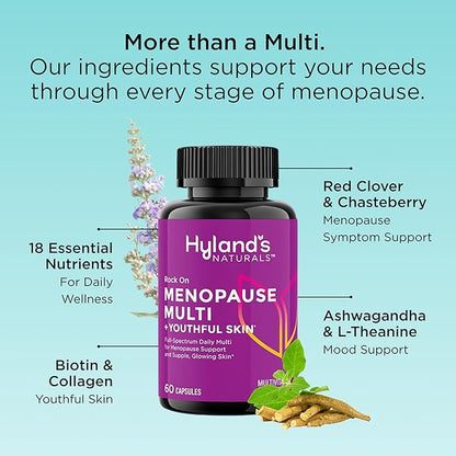 Hyland's Rock On Menopause + Youthful Skin Multivitamin for Women with Immune Support - 60 Capsules - Menopause Relief for Women with Biotin, Collagen, and Red Clover