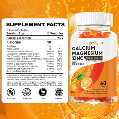 Calcium Magnesium Zinc Gummies for Adult: Organic 1000mg Calcium Citrate Magnesium Supplement with D3 B12 - Sugar Free High Absorption Supplement for Women Men (60 Count(Pack of 1))