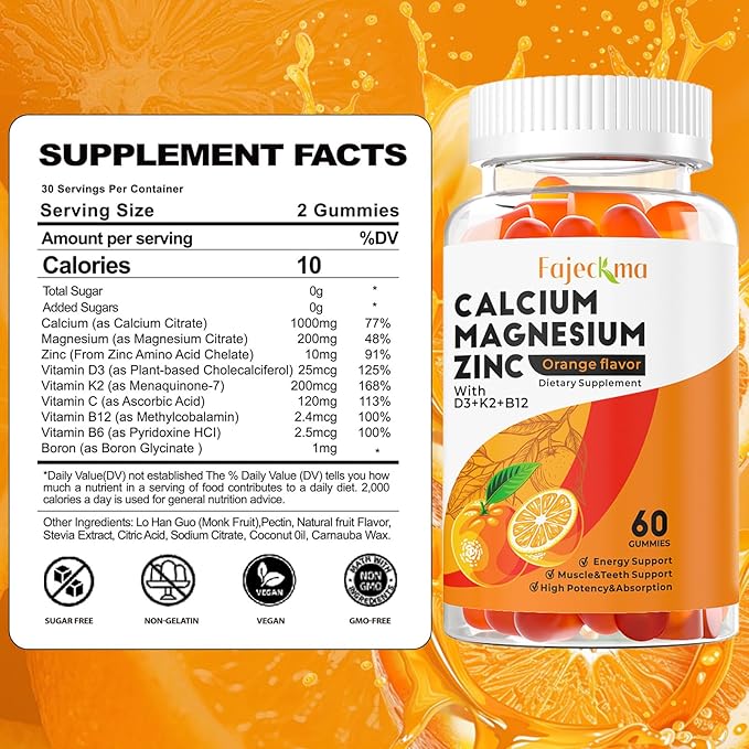 Calcium Magnesium Zinc Gummies for Adult: Organic 1000mg Calcium Citrate Magnesium Supplement with D3 B12 - Sugar Free High Absorption Supplement for Women Men (60 Count(Pack of 2))