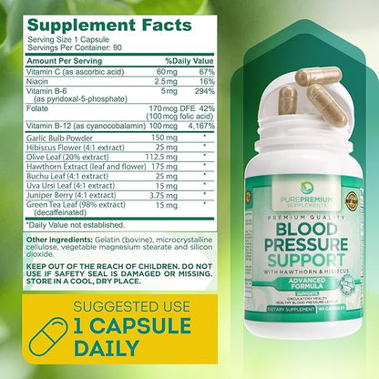 PurePremium Supplements Blood Pressure Supplements with Hawthorn Berry, Hibiscus - Nitric Oxide for Normal Blood Pressure Support w/Vitamin B12 - Garlic Supplements for Normal Nitric Oxide - 90 Caps