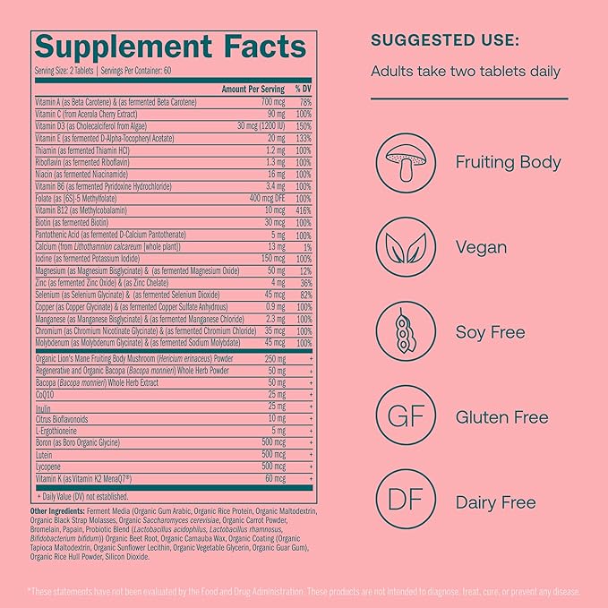 True Grace Daily Women’s Multivitamin 50+ - 120 Easy-to-Swallow Tablets - Immune, Energy, Longevity & Memory Support - Gluten Free, Soy Free, Iron Free, Vegan - 60 Servings