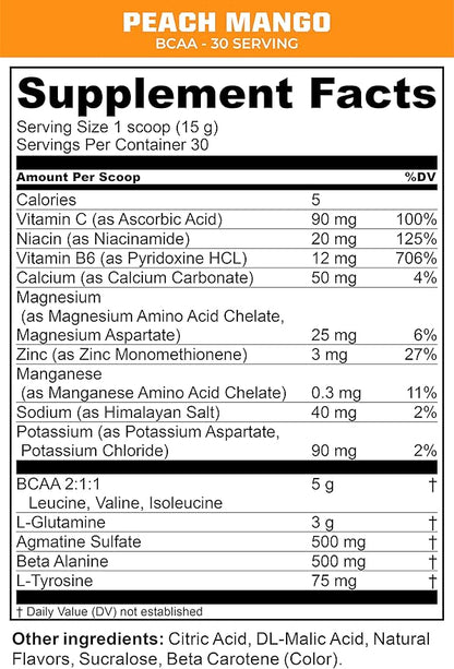 MTN OPS BCAA 2:1:1 Amino Acids Supplement Powder for Rapid Muscle Recovery & Repair with Zero Sugar & Gluten Free (30-Serving Tub, Peach Mango)