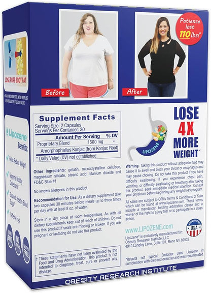 Lipozene - Weight Loss Supplement Diet Pills - Appetite Suppressant and Control - Two Bottles 60 Capsules Total
