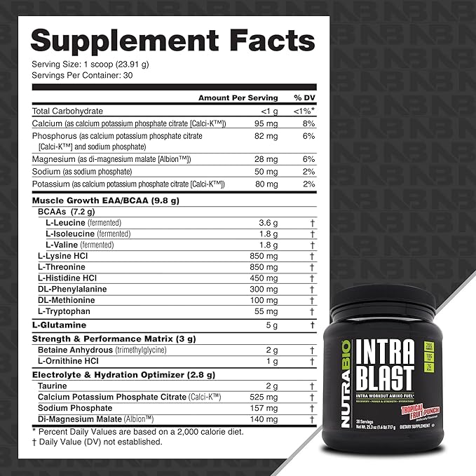 NutraBio Intra Blast BCAA EAA Electrolyte and Hydration Powder - Amino Acid Supplement, EAA/BCAA Powder - Non-GMO and Gluten Free - Tropical Fruit Punch - 30 Servings