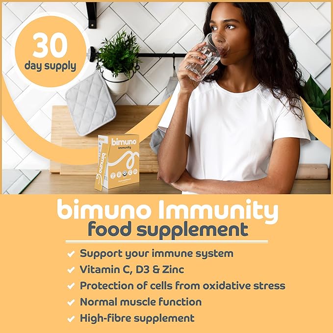 BIMUNO Immunity Food Supplement | Prebiotic Multivitamin for Women, Men & Kids | Immune System Support with Vitamin D3, C & Zinc | Vegetarian, Gluten Free, Halal, Kosher | (1 Pack (30 Sticks)