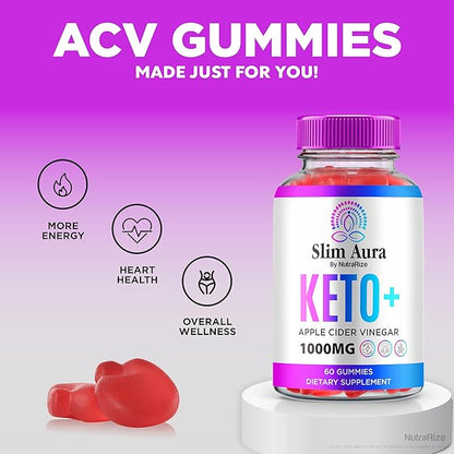 Slim Aura Keto ACV Gummies, Official SlimAura Keto + ACV Gummies, All Natural Apple Cider Vinegar Gummy, Premium Keto Plus ACV Formula, ACV Keto Gomitas (60 Gummies)
