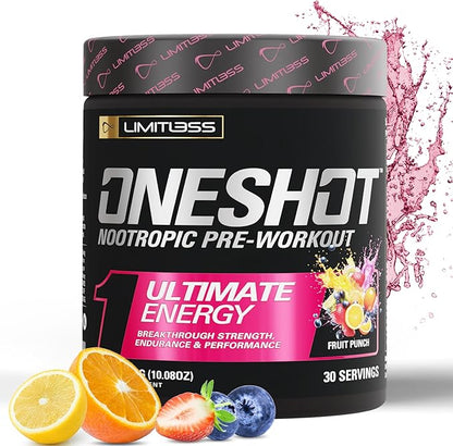 ONESHOT Pre Workout Powder for Men and Women - BCAAS Amino Acids Supplement Powder, 200mg Caffeine Powder, Beta Alanine Powder, Citrulline Malate Preworkout Powder - Fruit Punch - 30 Servings