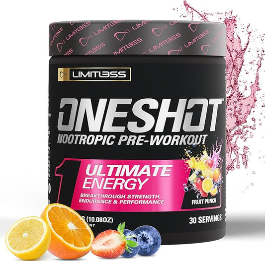 ONESHOT Pre Workout Powder for Men and Women - BCAAS Amino Acids Supplement Powder, 200mg Caffeine Powder, Beta Alanine Powder, Citrulline Malate Preworkout Powder - Fruit Punch - 30 Servings