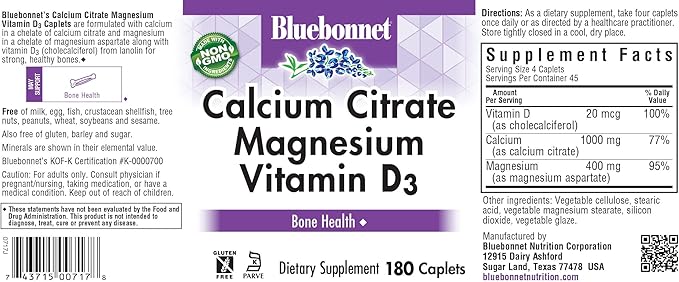 Bluebonnet Nutrition Calcium Citrate Magnesium Plus Vitamin D3 Caplets, Bone Health & Muscle Relaxation, Non GMO, Gluten, Soy & Milk Free, Kosher, White, Unflavored, 180 Count