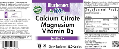 Bluebonnet Nutrition Calcium Citrate Magnesium Plus Vitamin D3 Caplets, Bone Health & Muscle Relaxation, Non GMO, Gluten, Soy & Milk Free, Kosher, White, Unflavored, 180 Count