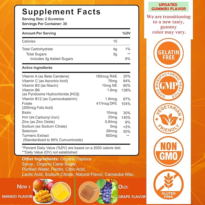 NEVISS Vegan Iron Gummy Vitamins for Women & Men - Carbonyl Iron 25 mg Vitamin C, A, B6, B12, Folate & Turmeric Extract 600 mg - Iron Supplement for Energy, Immune & Red Blood Cell Support, 120Cts