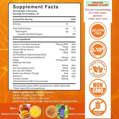 NEVISS Vegan Iron Gummy Vitamins for Women & Men - Carbonyl Iron 25 mg Vitamin C, A, B6, B12, Folate & Turmeric Extract 600 mg - Iron Supplement for Energy, Immune & Red Blood Cell Support, 120Cts