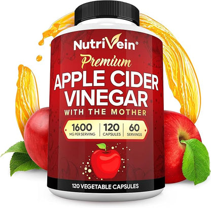 Nutrivein Apple Cider Vinegar Capsules with Mother - 1600mg - 120 Vegan Pills - Supports Healthy Diet, Digestion, Keto, Cleanser - Best Supplement for Immune System - ACV Raw