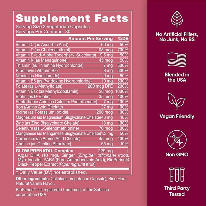 Glow Prenatal Vitamins for Women – 20-in-1 Vital Nutrients for Healthy Pregnancy and Fetal Development – Folic Acid & Vegan DHA For Baby's Growth & A Comfortable Pregnancy – 120 Nourishing Capsules